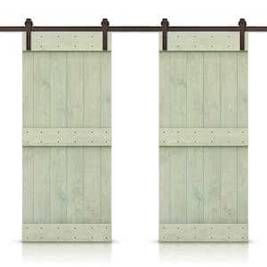 76 in. x 84 in. Mid-Bar Series Sage Green Stained Solid Pine Wood Interior Double Sliding Barn Door with Hardware Kit