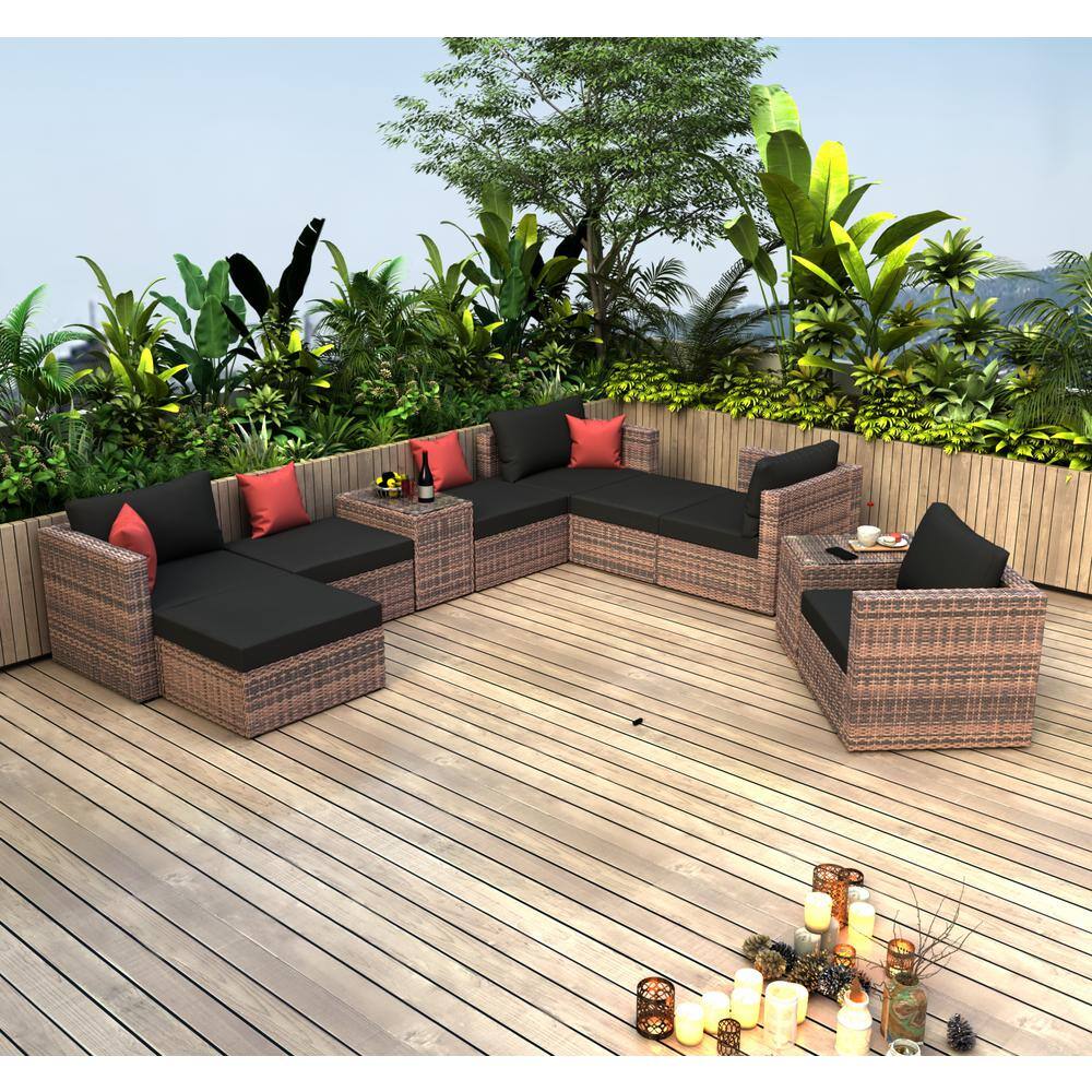 10-Piece Wicker Outdoor Patio Garden Combination Sofa Set Sectional with Bl