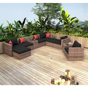 10-Piece Wicker Outdoor Patio Garden Combination Sofa Set Sectional with Black 8 in. Cushions and Furniture Protector