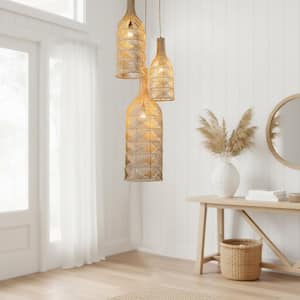 Silvio 60 Watt 20 in. 3-Light Gold Coastal Boho Cluster Pendant Light for Living Room with Multi Rattan Shade