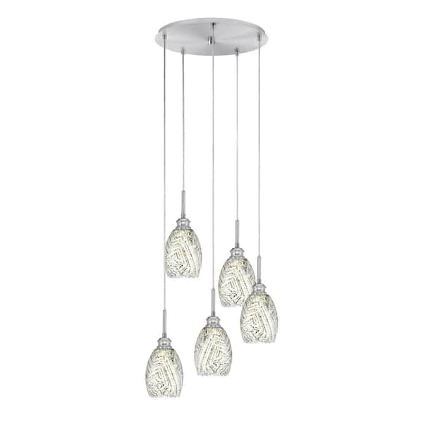 Unbranded Albany 60-Watt 17.75 in. 5-Light Brushed Nickel Cord Pendant Light Natural Fusion Glass Shade