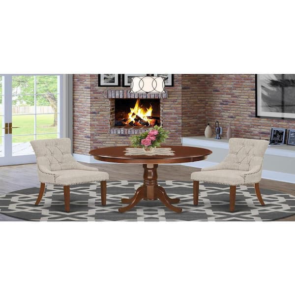East West Furniture 3-Piece Mahogany Finish Solid Wood Top - Round Dining Room Set - Seats 4