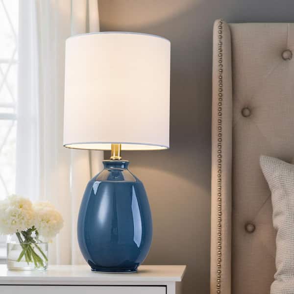 19. 75in. Plug-in Blue Ceramic Table Lamp with White Linen Shade for Bedroom/Foyer/Living Room