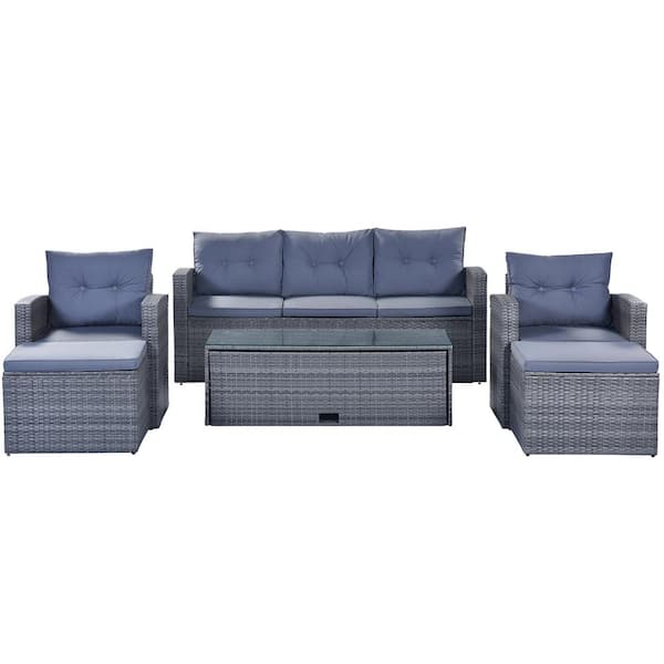 Unbranded 6 Pieces Dark Grey Wicker Patio Conversation Seating Set Sectional Sofa Set with Light Grey Cushions and Coffee Table