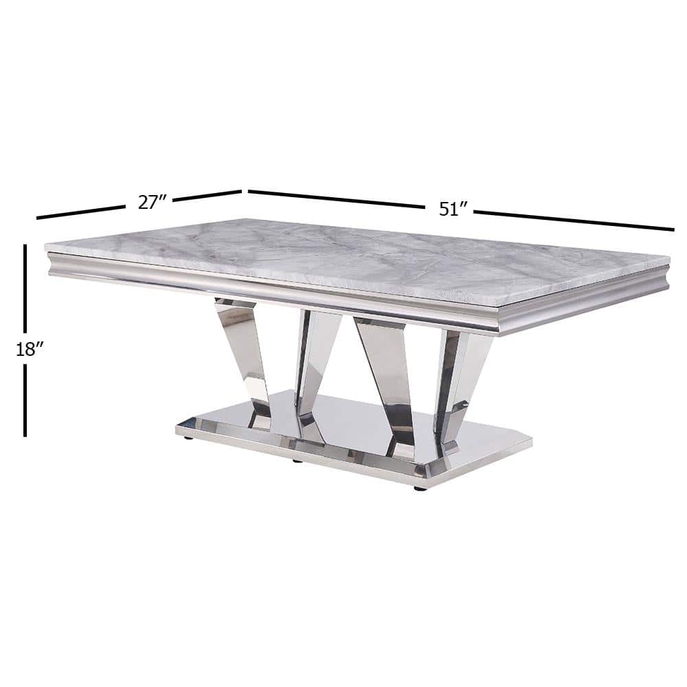 Elegant 54'' Light Grey Marble & Mirrored Silver Coffee Table