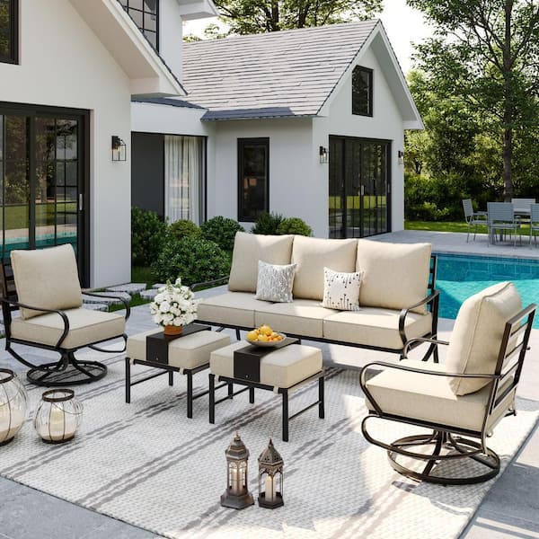 Beige 5-Person Iron Metal Material Patio Conversation Set With Cushions