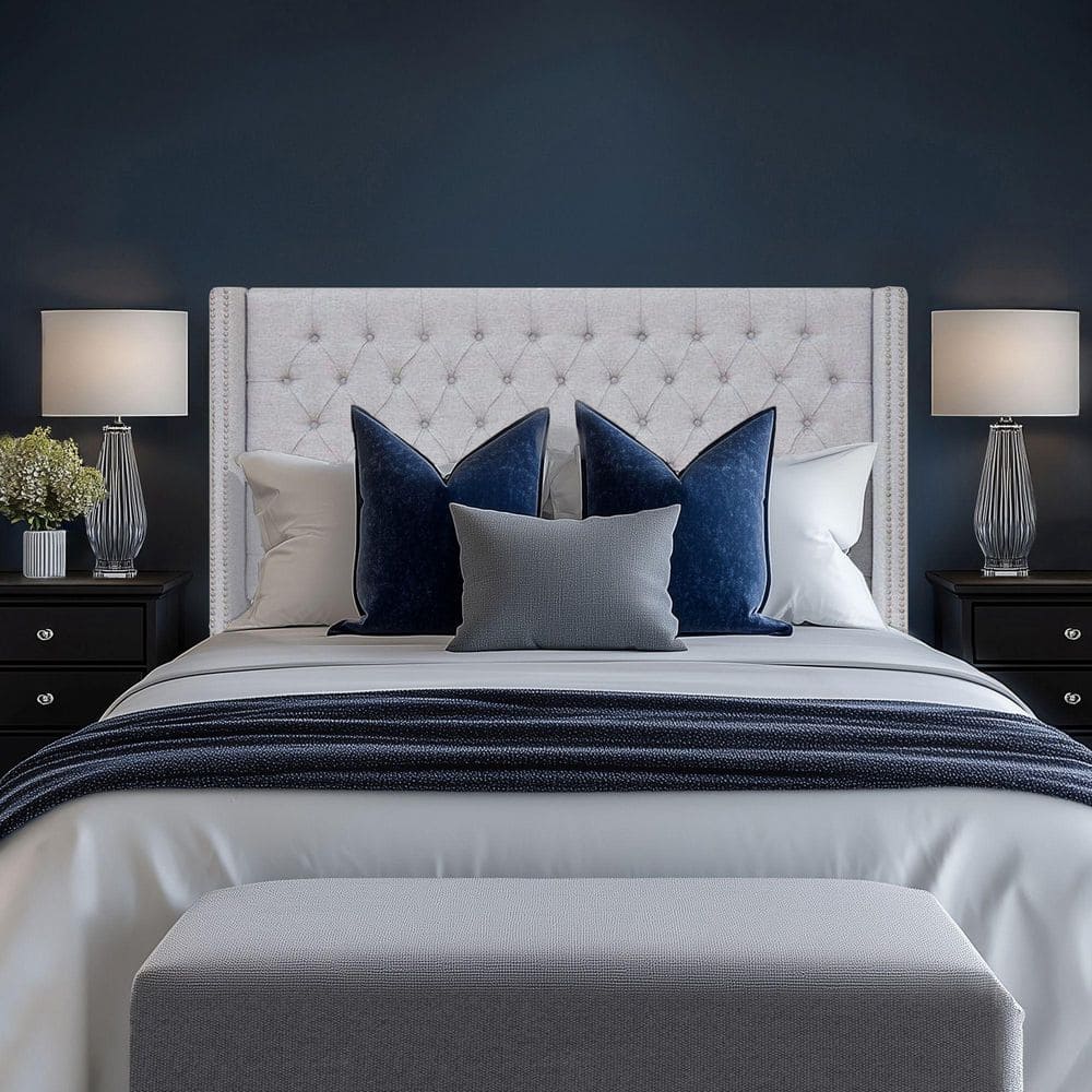 Gray Tufted Upholstered Wingback Queen Headboard