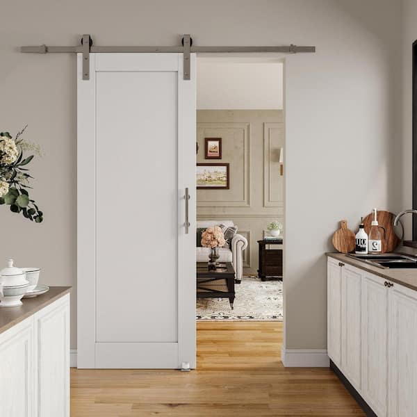 ARK DESIGN 30 in. x 84 in. White 1-Panel Blank Solid Core Composite MDF Primed Sliding Barn Door with Hardware Kit Nickel Plated