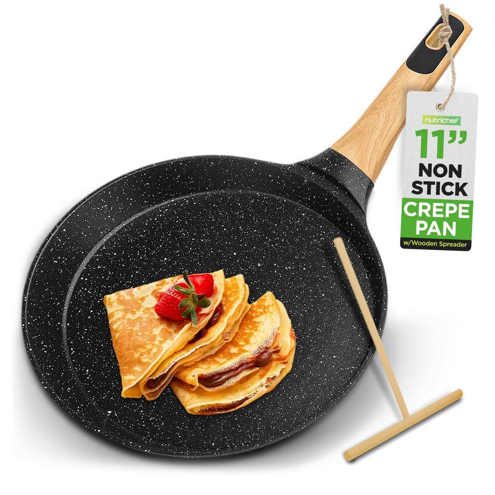 Nutrichef 11” Non-Stick Crepe Pan with Wooden Spreader, Bakelite
