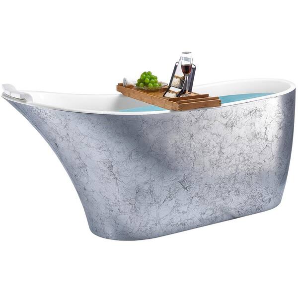 AKDY Freestanding Bathtub 63 in. Fiberglass Flat Bottom Bathtub Modern Stand Alone Tub Luxurious SPA Tub in Glossy Silver