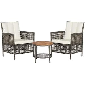 3 Piece Patio Wicker Outdoor Bistro Set Furniture Set PE Rattan Table Set with Off White Cushions