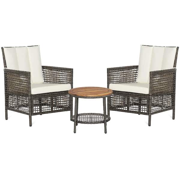 Gymax 3 Piece Patio Wicker Outdoor Bistro Set Furniture Set PE Rattan Table Set with Off White Cushions