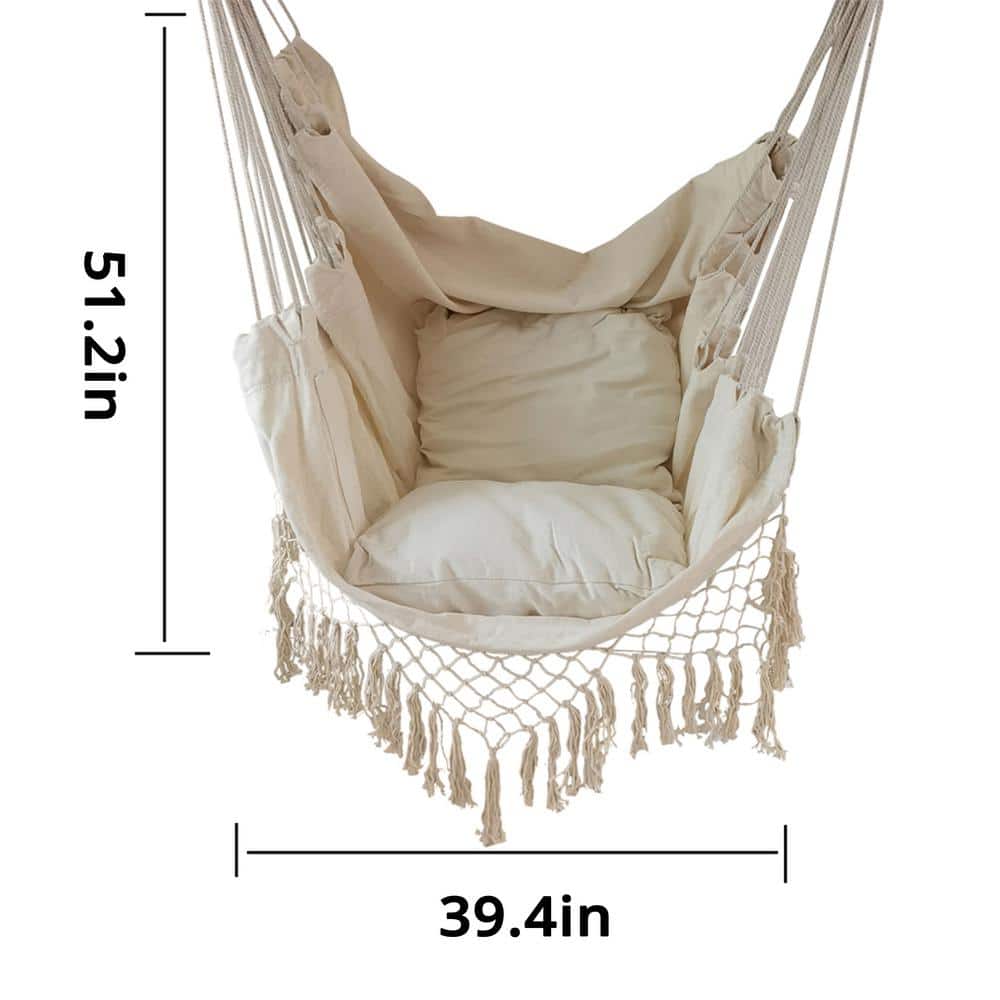 Ivory Cotton Hanging Rope Hammock Chair with Side Pocket