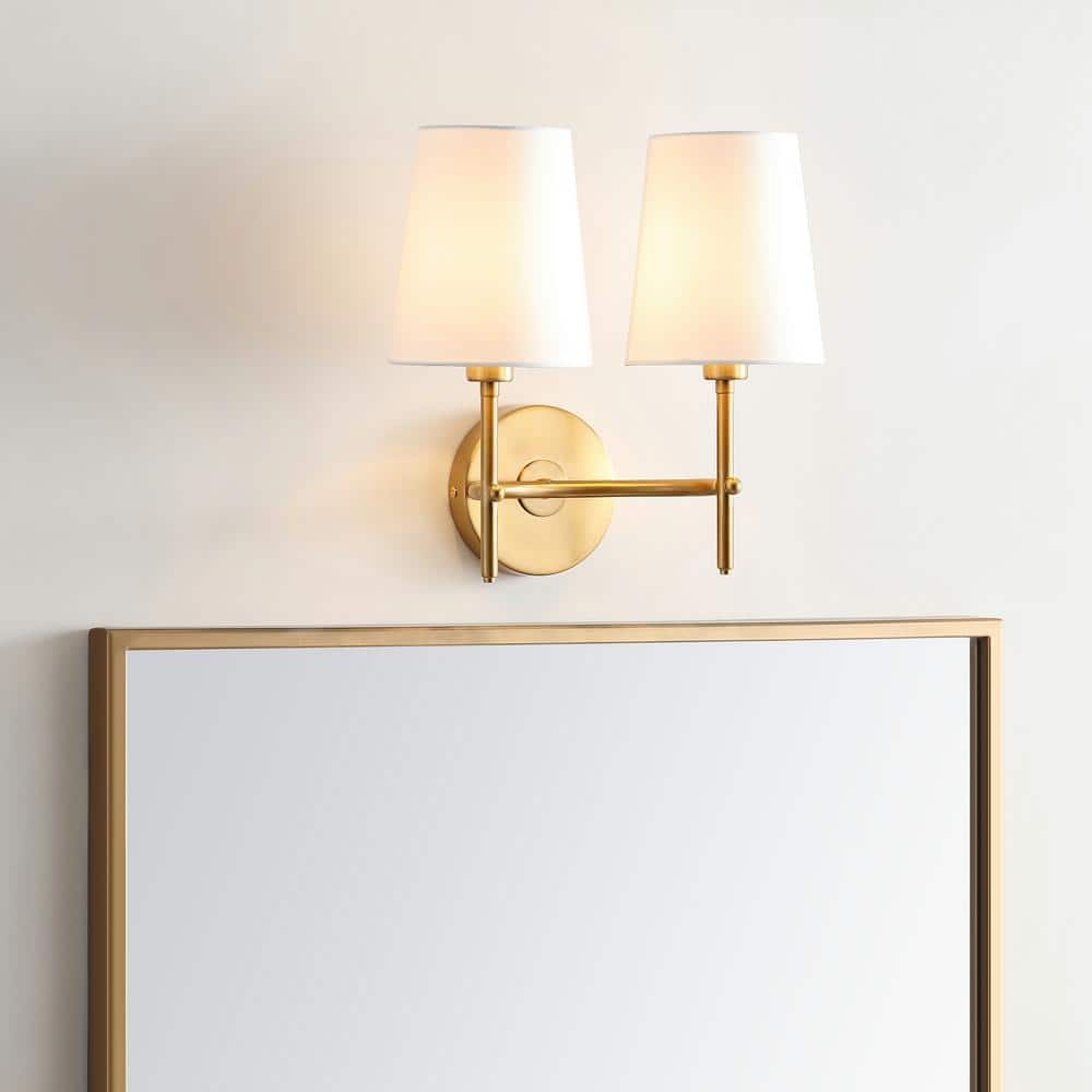 Mid-Century Modern Brass Gold Twin Light Wall Sconce with White Shades