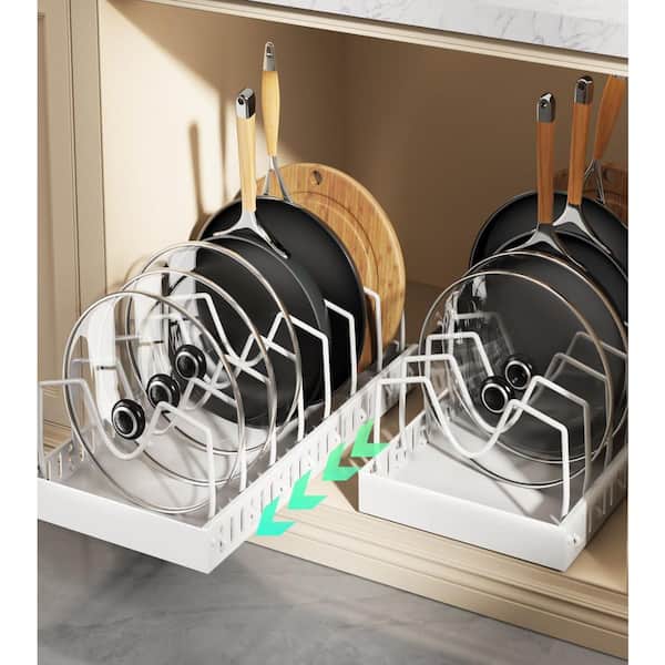 2-Pack White Carbon Steel Pull Out Pot Rack Under Cabinet with 8 Dividers, Slide Out inside Cabinet Storage for Pot Lid