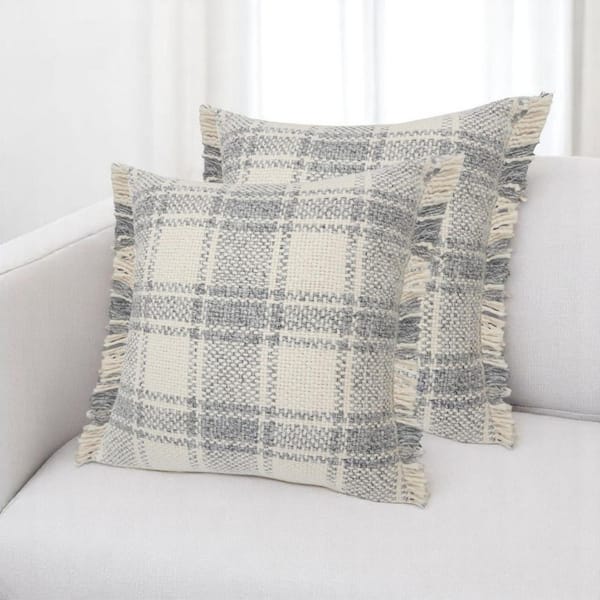 Gray, Off White Plaid Polyfill 20.00 in. x 20.00 in. Throw Pillow Set of 2