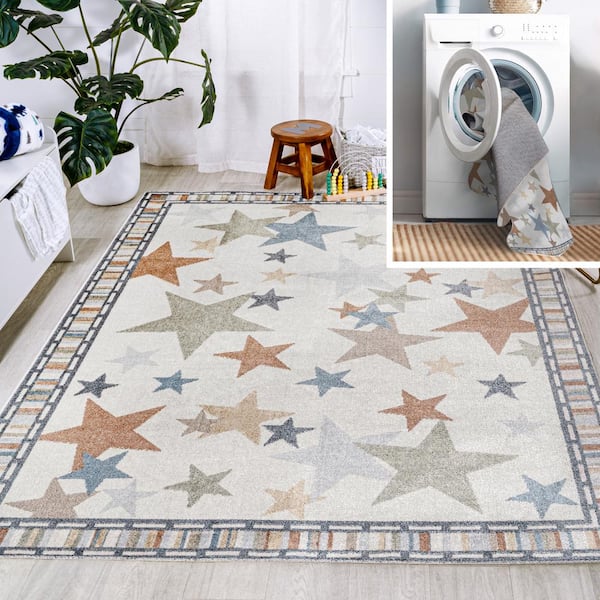 Star Gazer Geometric Machine-Washable Ivory/Blue/Orange 8 ft. x 10 ft. Area Rug