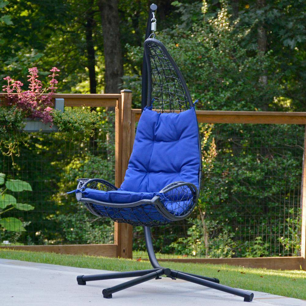 Blue Cushioned Rattan Wicker Hanging Chair with Stand
