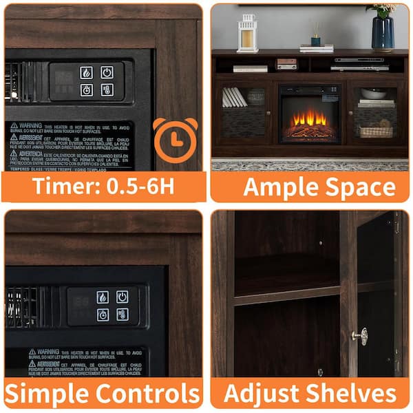 60 in. Freestanding Wooden TV Stand with Electric Fireplace Insert, Open and Closed Storage Space, Brown