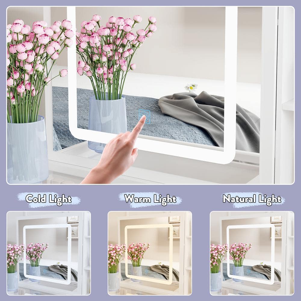 White Makeup Vanity Set Dressing Desk with Glass Top, Sliding LED Lighted Mirror, Drawers, Storage Shelves and Stool - thumbnail 6