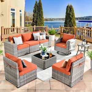 Crater Grey 8-Piece Wicker Wide-Plus Arm Patio Conversation Sofa Set with a Swivel Rocking Chair and Orange Red Cushions