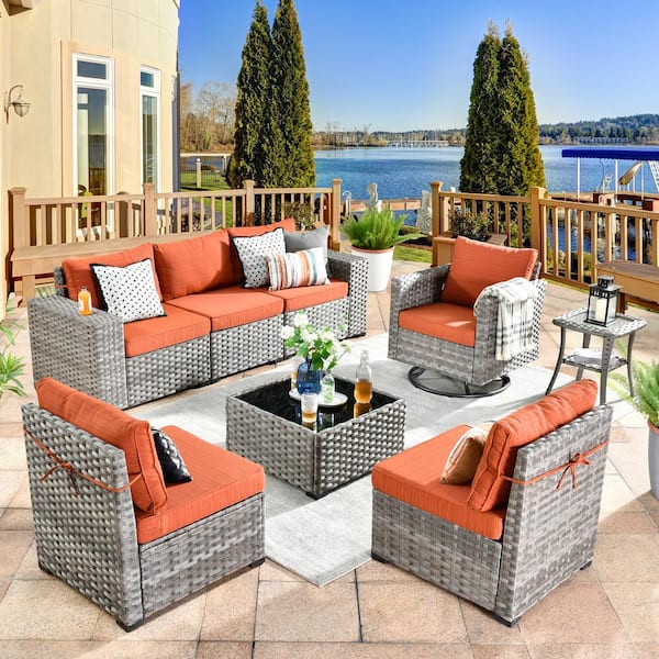 HOOOWOOO Crater Grey 8-Piece Wicker Wide-Plus Arm Patio Conversation Sofa Set with a Swivel Rocking Chair and Orange Red Cushions