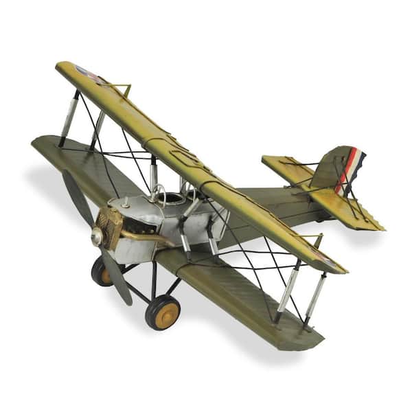 HomeRoots Metal Yellow and Green Hand Painted Airplane Model Sculpture