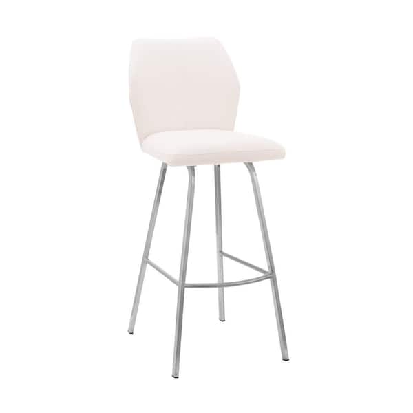 Armen Living Tandy 30 in. White/Brushed Stainless Steel High Back Metal Bar Stool with Faux Leather Seat