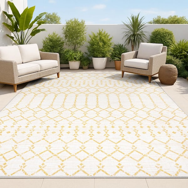 Cream/Yellow 8 ft. x 10 ft. Ourika Moroccan Geometric Textured Weave Indoor/Outdoor Area Rug