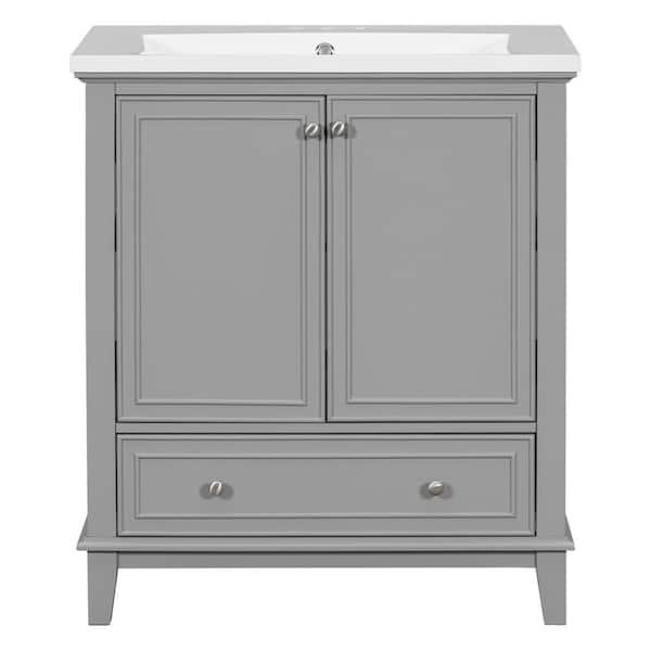Aoibox 30 in. W x 18 in. D x 34.8 in. H Single Sink Freestanding Bath Vanity in Grey with White Ceramic Top