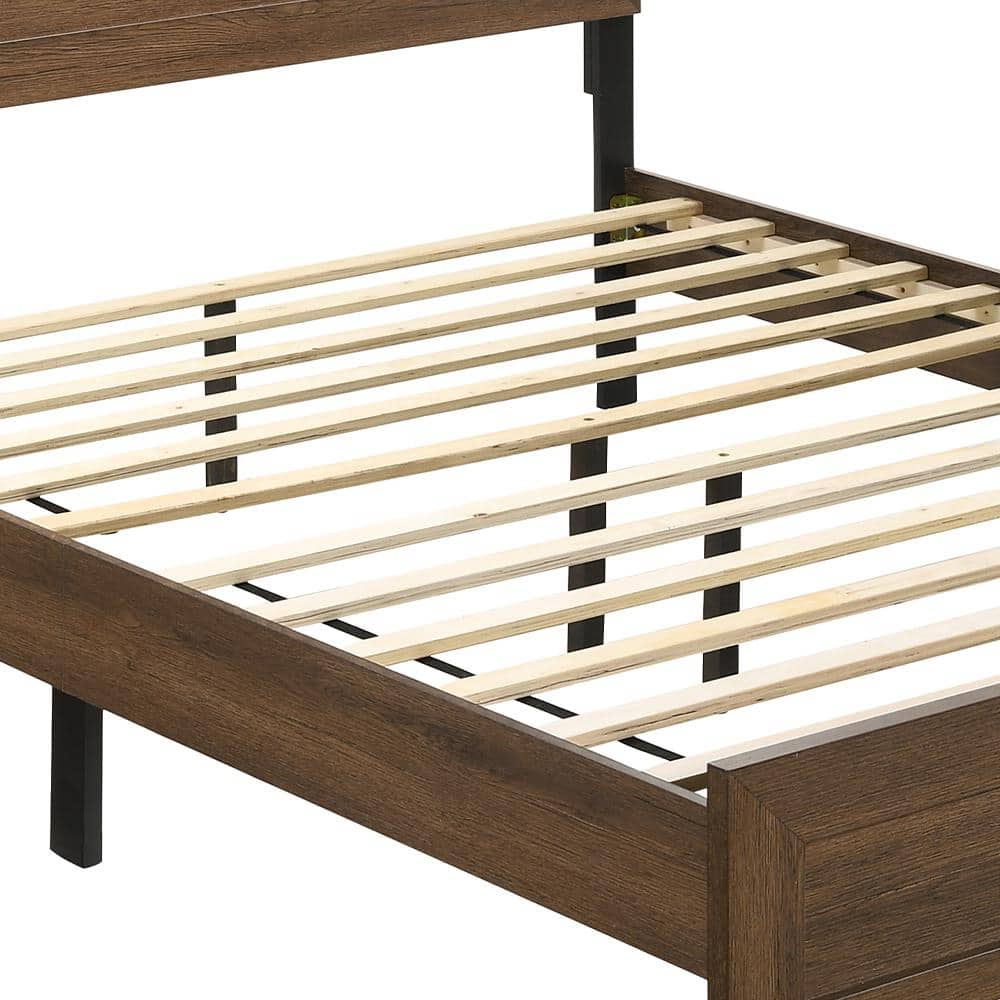 Elegant Oak Queen Bed with Upholstered Headboard and Storage Drawer