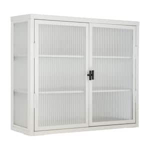 27.6 in. W x 9.1 in. D x 23.6 in. H Bathroom Storage Wall Cabinet in White Retro Style Double Glass Door Wall Cabinet