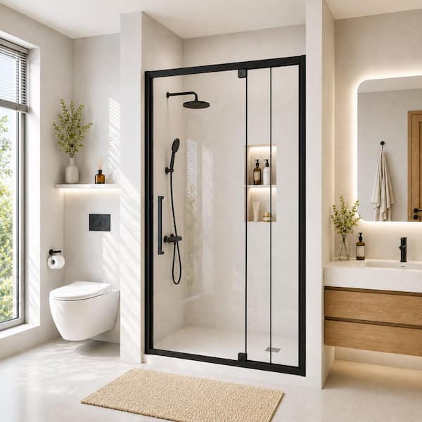 Vivian 48 in. W x 72 in. H Framed Pivot Framed Shower Door in Black with Tempered Glass