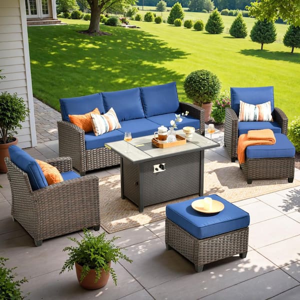 OVIOS Pirani Brown 6-Piece Wicker Patio Rectangle Fire Pit Conversation Set Navy Blue with Cushions