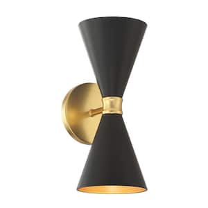 Conic 2-Light Honey Gold Wall Sconce with Black Metal Shade