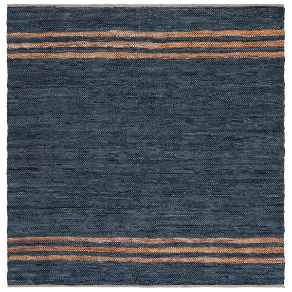 Vintage Leather 7 ft. x 7 ft. Blue/Beige Border Striped Square Area Rug