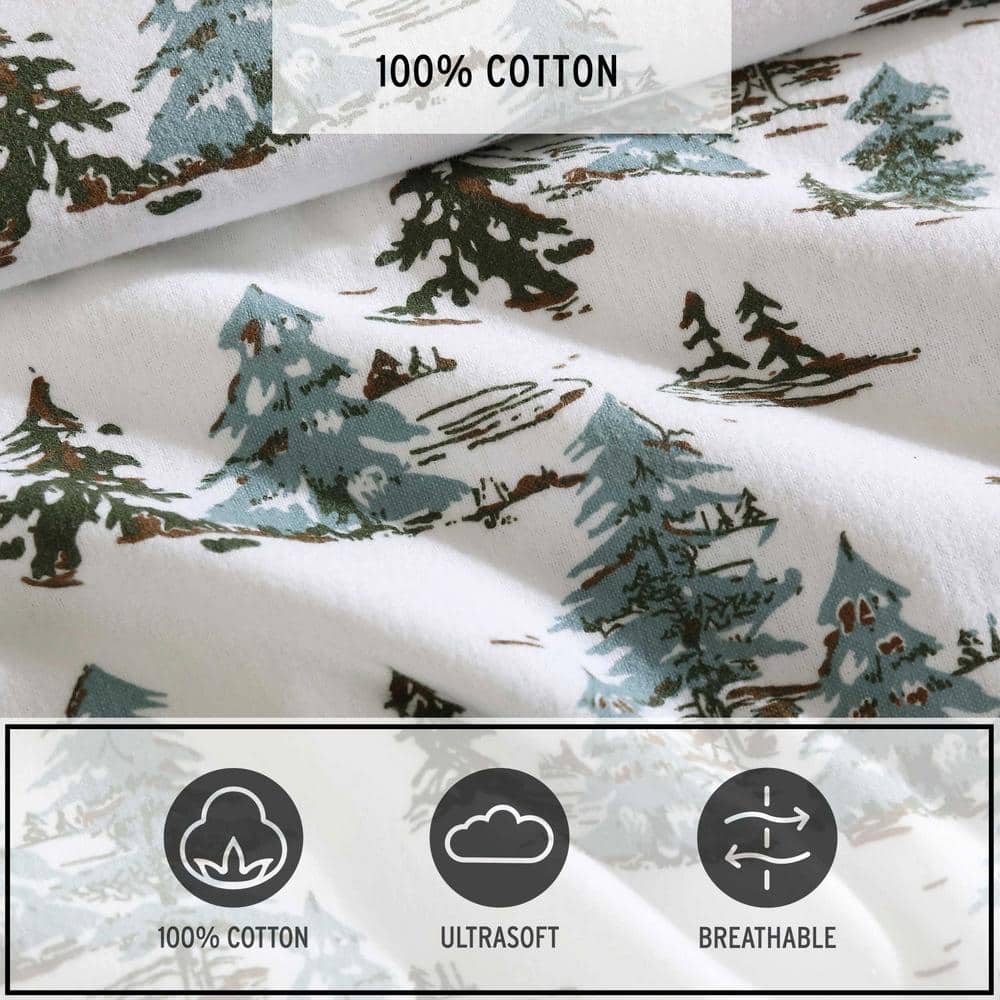 Twin Green Cotton Flannel Sheet Set with Snowy Pine Trees Print