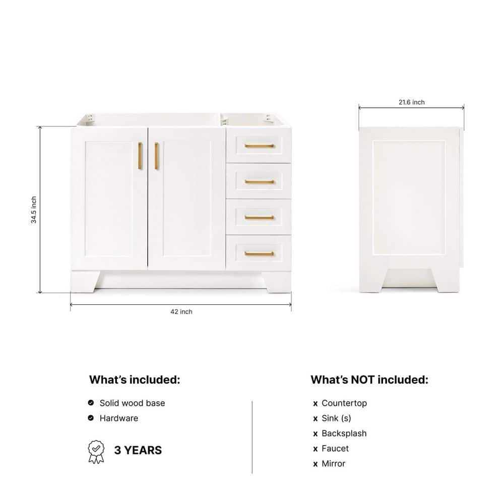 Taylor 42'' White Wood Freestanding Single Vanity Base with Brass Hardware