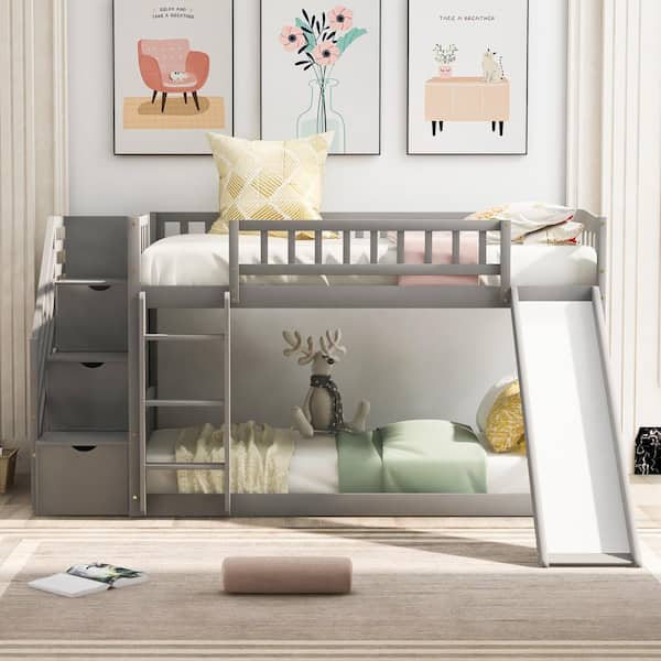 Polibi Gray Stairway Twin Over Twin Bunk Bed with 2-Drawers and Slide