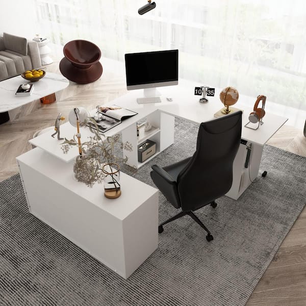 FUFU&GAGA 72.4 in. W U-Shaped White Adjustable Height Desk FUFU&GAGA 72.4 in. W U-Shaped White Adjustable Height Desk