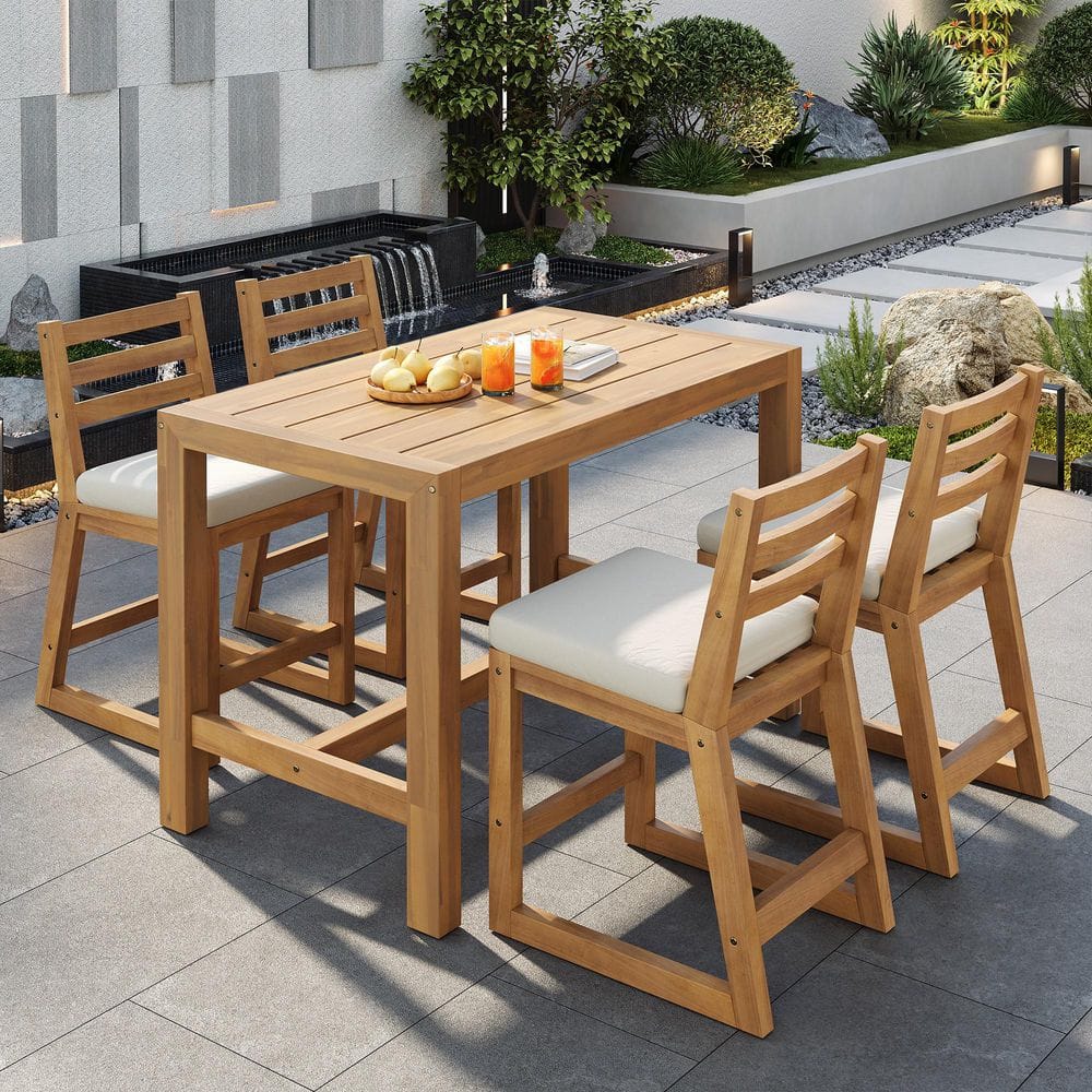5-Piece Light Teak Frame Wood Outdoor Dining Set with Beige Cushions price history on PriceWatchPro
