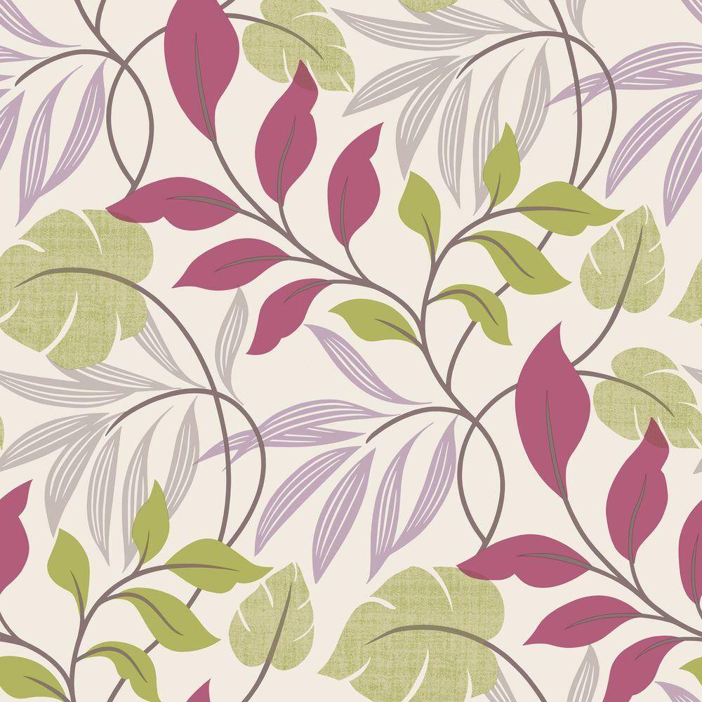 Purple and Green Botanical Leaf Trail Wallpaper, 20.5" x 33'