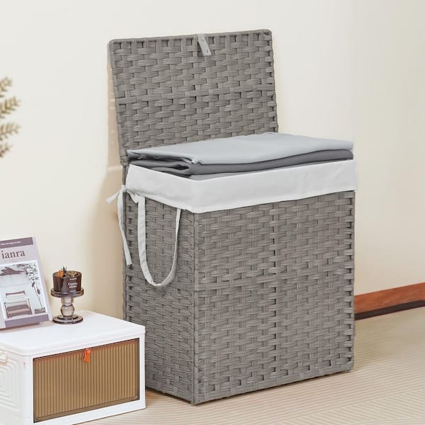 Unbranded Gray 22 in. x12 in. Woven Polyethylene Rattan Decorative Basket, Foldable 110 L Laundry Basket with Lid, Compartments