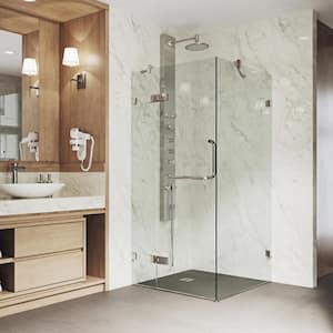Monteray 34 in. L x 34 in. W x 73 in. H Frameless Pivot Square Shower Enclosure in Brushed Nickel with Clear Glass
