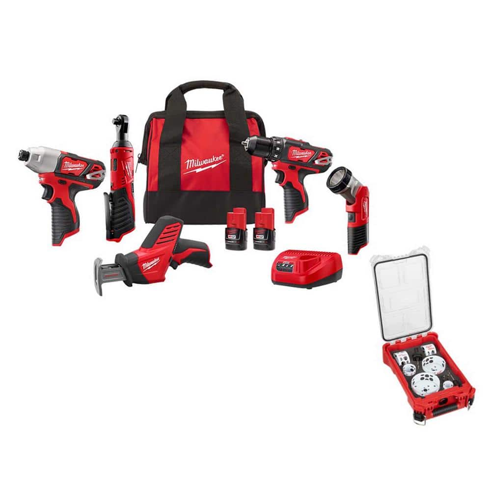 Milwaukee M12 12V Lithium-Ion Cordless Combo Kit (5-Tool) with Two 1.5Ah Batteries, Charger, Bag with PACKOUT Hole Saw Set (10-Pc)