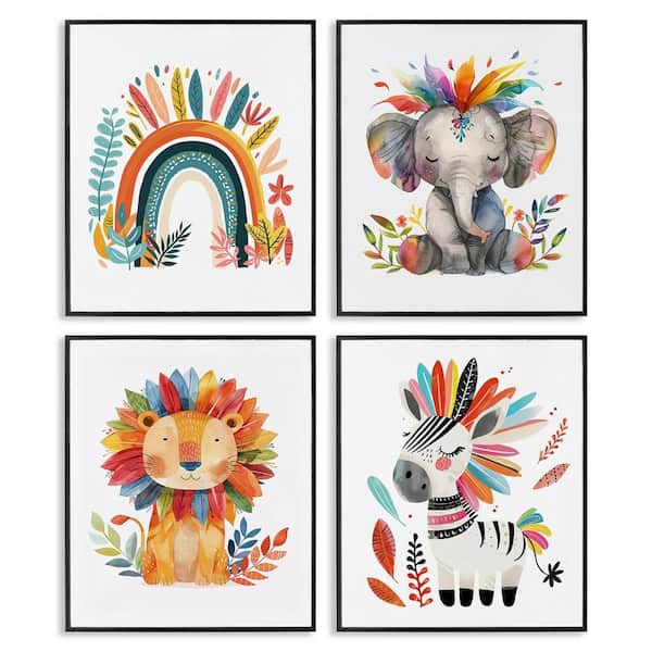 Stupell Industries Rainbow Feather Animals by LSR Design Studio 4 Pieces Black Framed Animal Giclee Art Print 20 in. x 16 in.