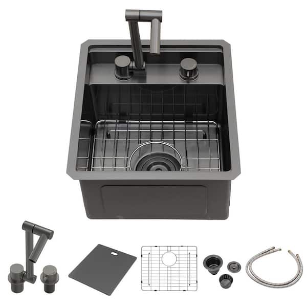 15 in. Undermount Single Bowl 16-Gauge Gunmetal Black Stainless Steel Hidden Utility Kitchen Bar Sink w/Folding Faucet