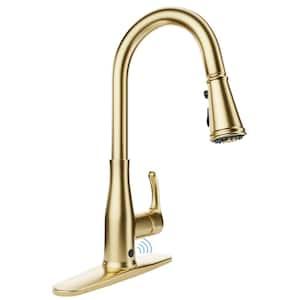 Sifo Single Handle Hands Free Touchless Pull Down Sprayer Kitchen Faucet with Motion Sense and Fan Spray in Brushed Gold