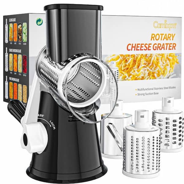 Black Rotary Cheese Grater Hand Crank Cheese Shredder for Fresh Cheese, Vegetable, Free Cleaning Brush Three Blades