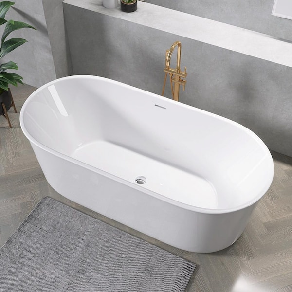 67 in. x 30.7 Oval Acrylic Tub Freestanding Soaking Bathtub with Center Chrome Drain in White Minimalist Design Bathtub